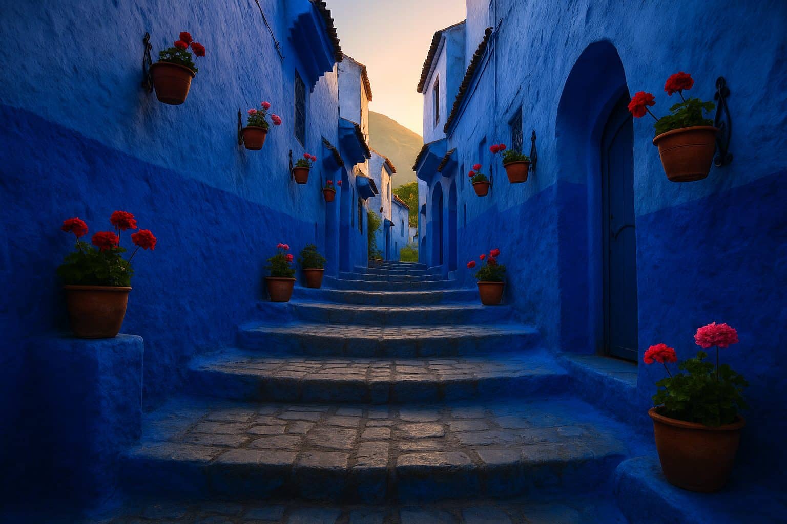 An empty blue alley in Chefchaouen