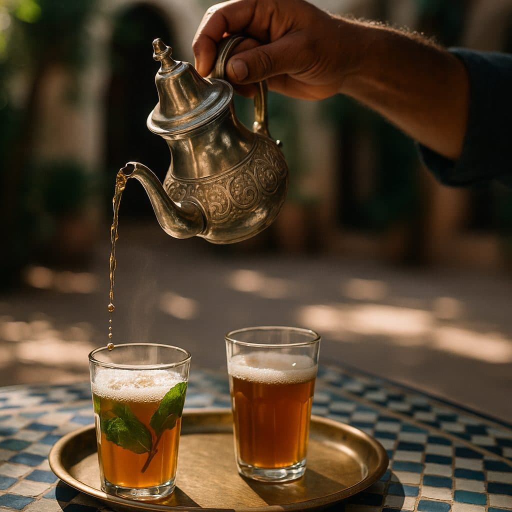 Moroccan mint tea being poured into a glass