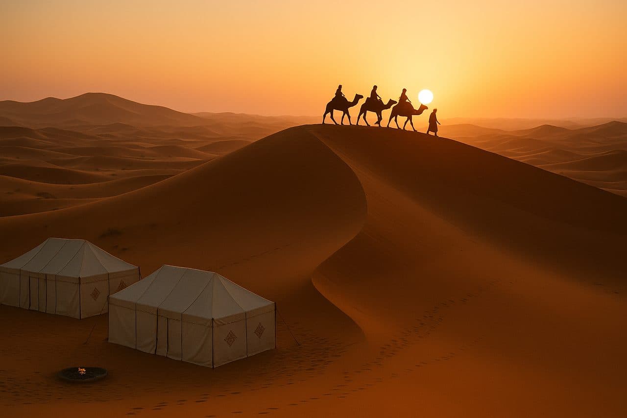 A Sahara desert camp at sunrise