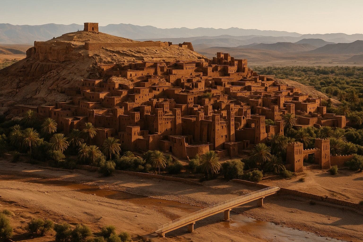 10 day morocco itinerary - Aït Benhaddou aerial view with Atlas Mountains backdrop and palm groves