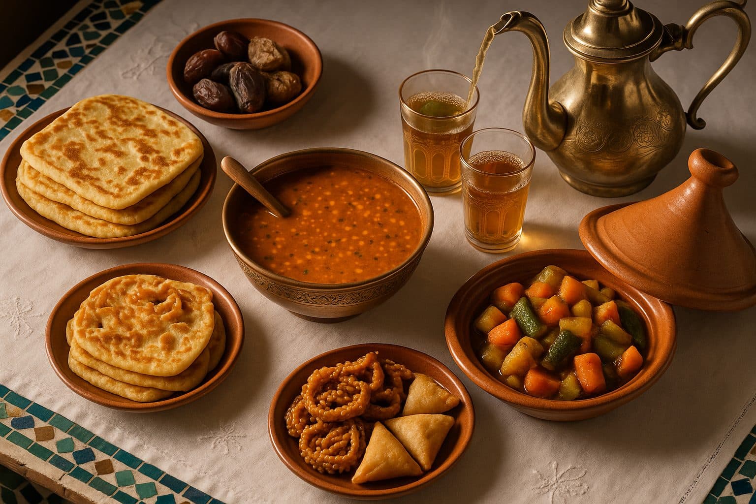 morocco during ramadan - traditional iftar table with harira, dates, msemen, tagine, mint tea, chebakia