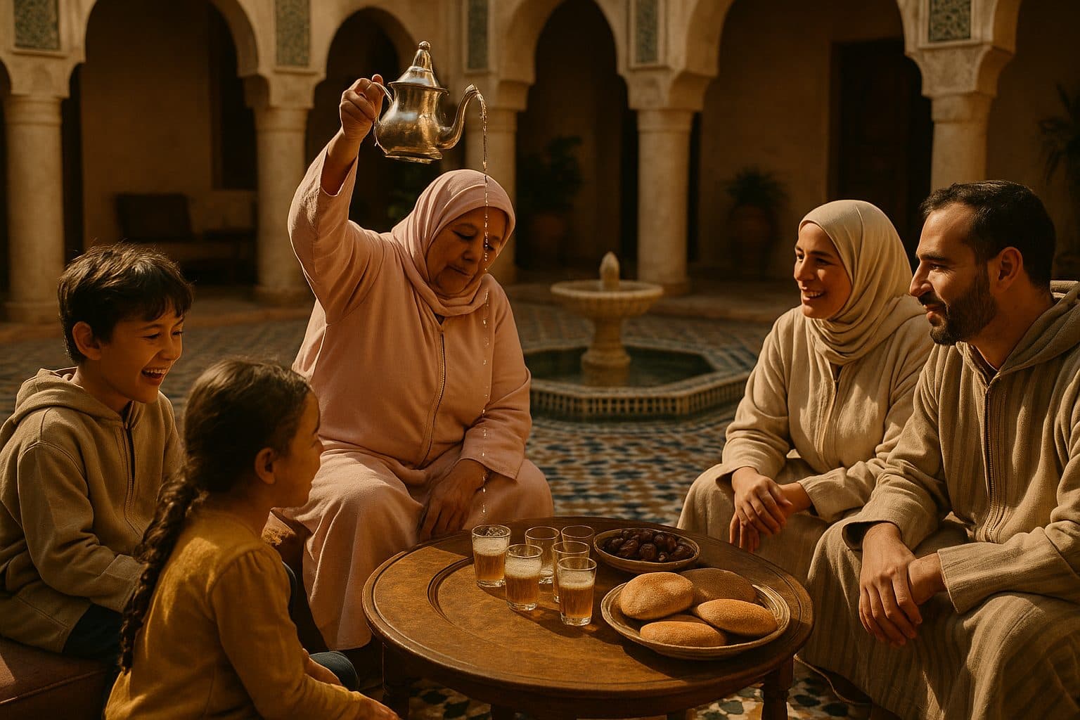 A Moroccan family sharing tea