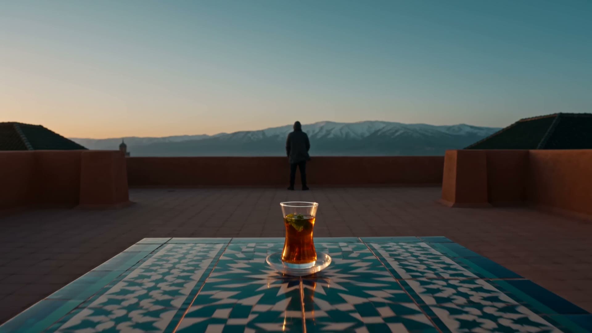Marrakech rooftops toward the Atlas mountains at golden hour