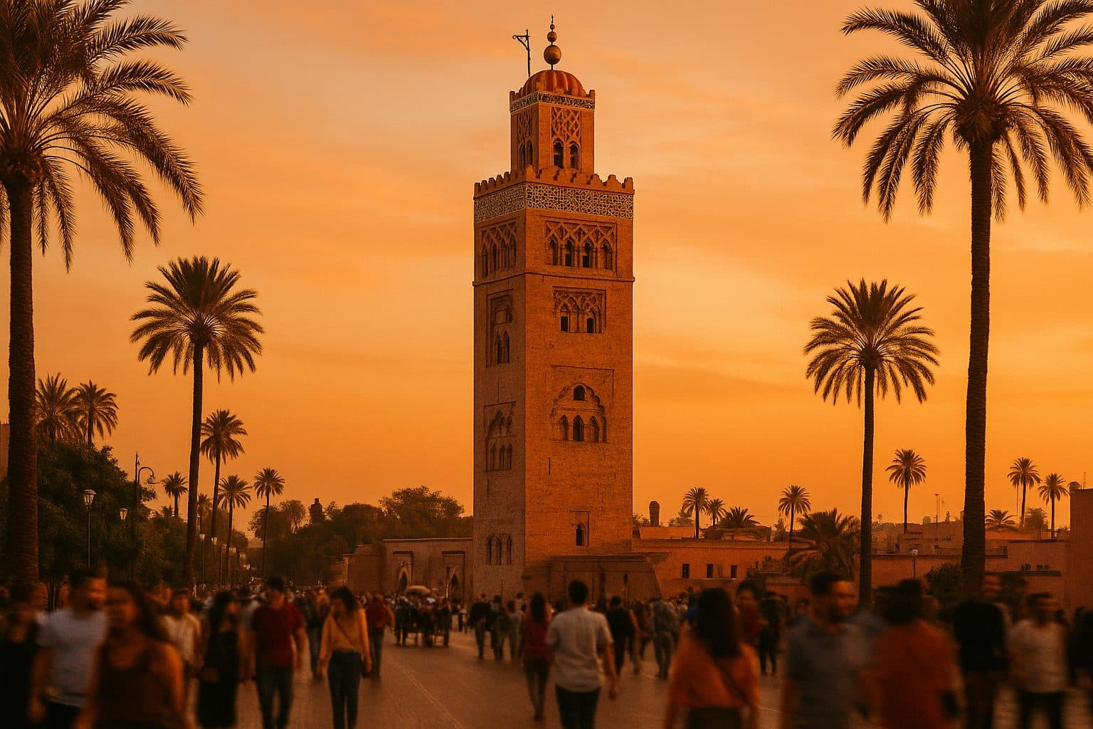5 day morocco itinerary - Koutoubia Mosque minaret in Marrakech at golden hour sunset