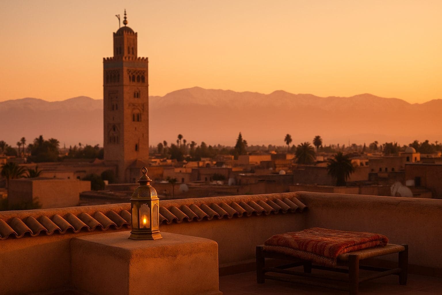 7 day morocco itinerary - Marrakech rooftop terrace at golden hour with Koutoubia minaret and Atlas Mountains in distance