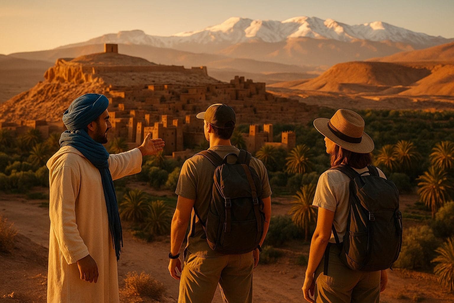 morocco private tours - traveler couple with private Moroccan guide overlooking Atlas Mountains kasbah at golden hour