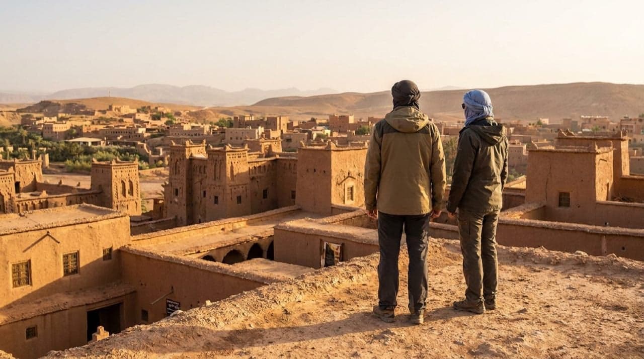 Two travelers overlooking the earthen ksar of Aït Benhaddou